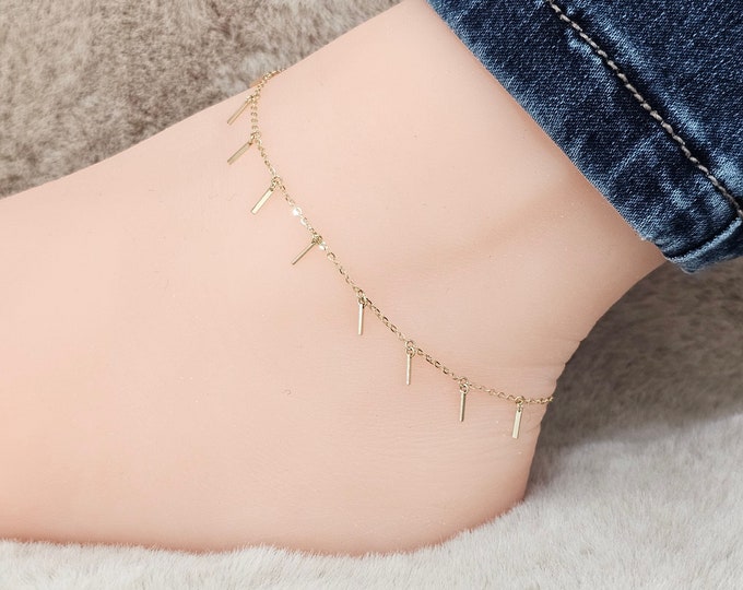 Anklet 14K Yellow Gold with Bar dangle charm design Rolo Chain 9+ 1 inches extension Real 14K Gold ankle Bracelet
