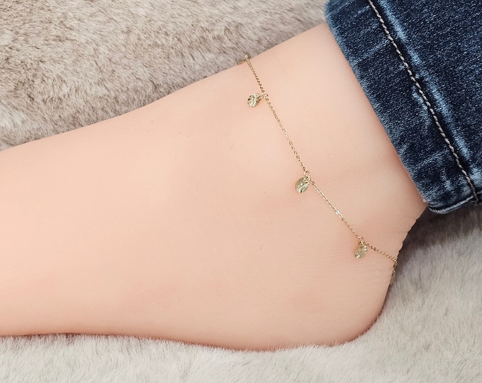 Anklet 14K Yellow Gold with Round Diamond Cut charm design Rolo Chain 9+ 1 inches extension Real 14K Gold ankle Bracelet