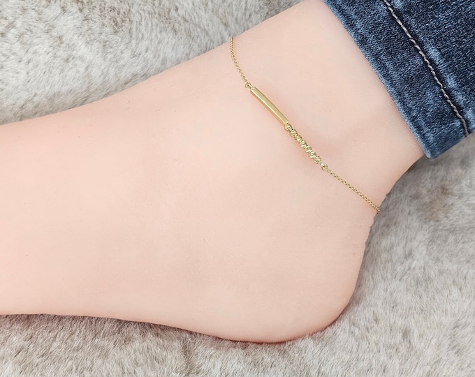 10K  Yellow Gold Fancy Anklet Hollow Simple Bar With Ball Disco design Dainty Rolo Chain 9+ 1 inches .