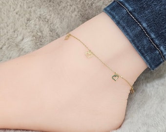 10K Yellow Gold with Hollow Heart Dainty Rolo Chain 9+ 1 inches Anklets
