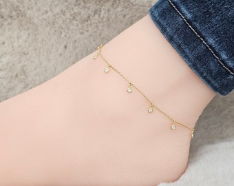 10K  Yellow Gold Fancy Anklet 3.00mm Round Bezel design Dainty Rolo Chain 9+ 1 inches .