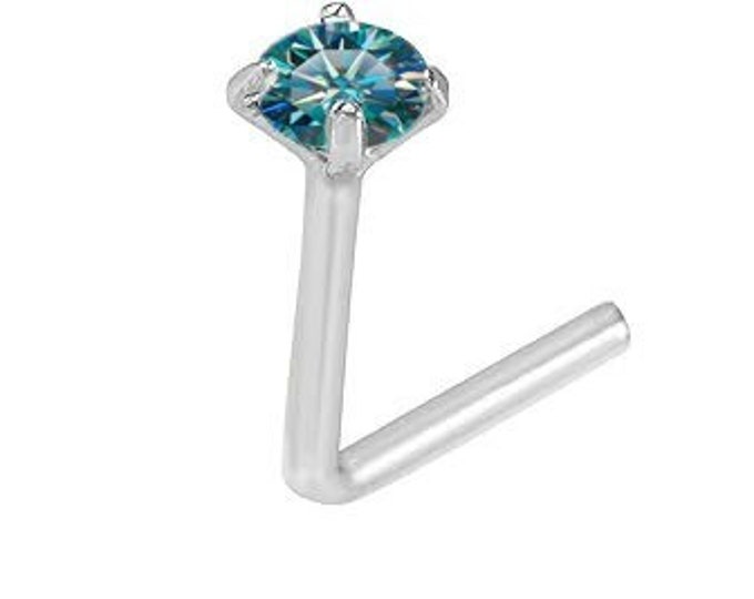 14K Solid Gold , Nose Stud 20 GA with Moissanite Diamond cyan Blue Green Pass Diamond Tester , Nose Piercing Brand New