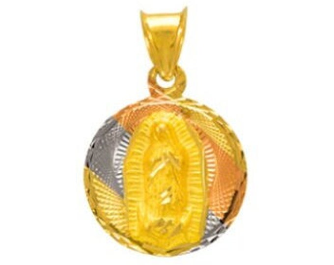 14K Solid Gold Diamond Cut Guadalupe Round Guadalupe Scapular Pendant available in 6 different size.