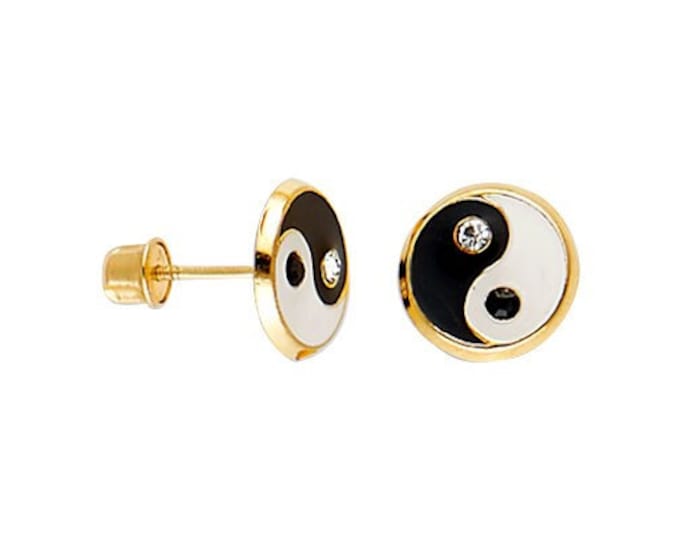 Yin Yang Round Earrings 14K Real Gold 1 Pair with Gemstone Cubic Zirconia Yellow Gold NEW Baby Screw Backing Earrings.