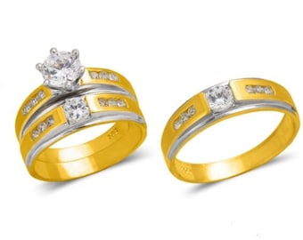 14K Solid Gold Trio Wedding Ring Wedding Promise Engagement  Men's Women's Bridal Rings Anniversary Band Couple Rings His and Hers.