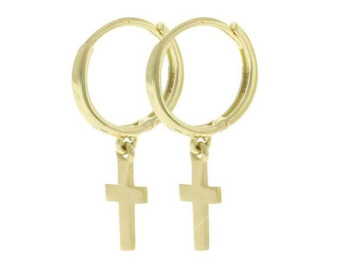 2mm Round Tube Hoop Cross Earrings 14K Real Gold 1 Pair with Hinged Available in White Gold or Yellow Gold NEW Women's Girl Earrings.