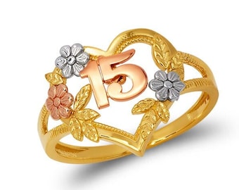 Anillo de filigrana de corazón de oro de 14 quilates para damas de 15 años / dulce anillo de quinceañera de 15 años / anillo de oro real de 14 quilates / anillo de 15 cumpleaños tamaño 7