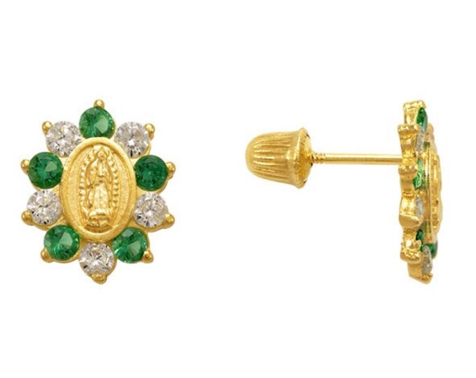 14K Real Yellow Gold Light Weight Gold Screw Backing sold in 1 Pair Guadalupe Flower CZ Stud Earrings.