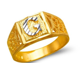 14K Gold Ladies 2 Tone Block Diamond Cut Initial Ring Size 7 Available A-Z Letter Ring