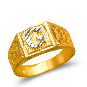 14K Gold Ladies 2 Tone Block Diamond Cut Initial Ring Size 7 Available A-Z Letter Ring