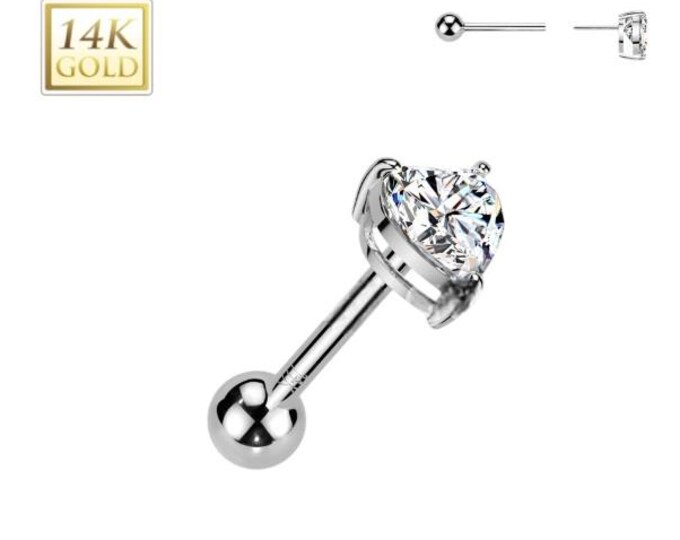 Heart Shape 14K Gold Threadless Push-In Cartilage Barbell Stud With Prong Set CZ Top  4mm sold 1 piece.