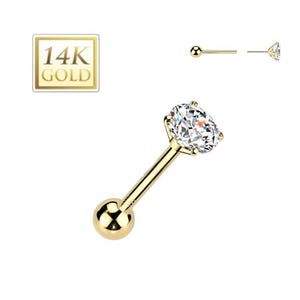 14K Gold Threadless Push-In Cartilage Barbell Stud With Prong Set Round CZ Top 3mm 4mm 5mm sold 1 piece.