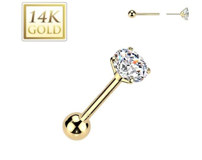 14K Gold Threadless Push-In Cartilage Barbell Stud With Prong Set Round CZ Top 3mm 4mm 5mm sold 1 piece.
