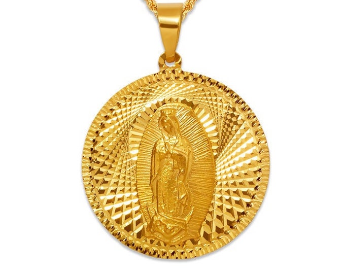Guadalupe Pendant 14K Yellow Gold Charm Diamond Cut Round Shape available in 4 different size.