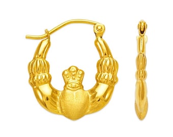 14K Real Gold 1 Pair with Hinged Yellow Gold Claddagh Shirmp Earring Hoop NEW Women's Girl Earrings.