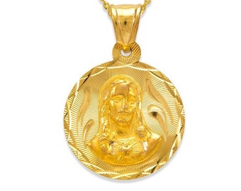 14K Solid Gold Diamond Cut Jesus or Guadalupe Round Sacred Heart Scapular Pendant available in 4 different size.