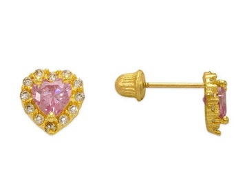 Heart Pave 14K Real Yellow Gold Light Weight Gold Screw Backing sold in 1 Pair  CZ Stud Earrings.