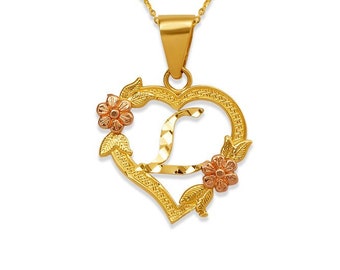 14K Solid Gold Small Initial Letter Heart Pendant Diamond Cut available in 26 different Letter .