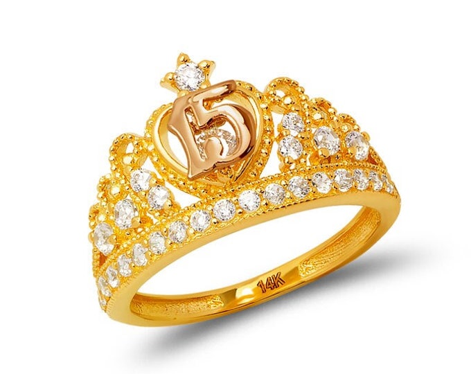 14K Gold Ladies 15 Anos Tiara CZ  ,15 Años Quinceañera Crown Ring / Sweet 15th Birthday Ring Size 7.