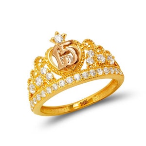 14K Gold Ladies 15 Anos Tiara CZ  ,15 Años Quinceañera Crown Ring / Sweet 15th Birthday Ring Size 7.