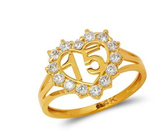 14K Gold Ladies 15 Anos Heart Filigree Ring / Sweet 15 Años Quinceanera Ring / 14K real gold Ring / 15th Birthday Ring Size 7
