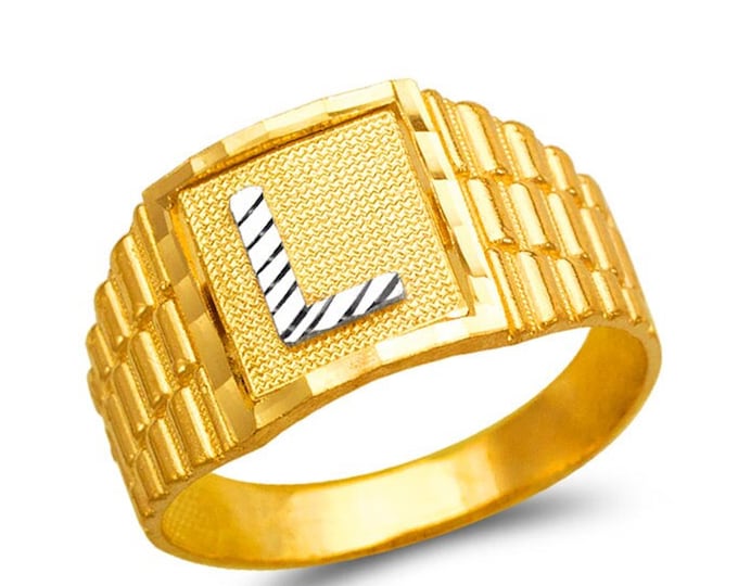 14K Gold Men's 2 Tone Block Diamond Cut Initial Ring Size 10 Available A-Z Letter Ring