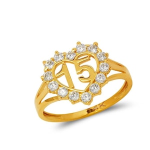14K Gold Ladies 15 Anos Heart Filigree Ring / Sweet 15 Años Quinceanera Ring / 14K real gold Ring / 15th Birthday Ring Size 7
