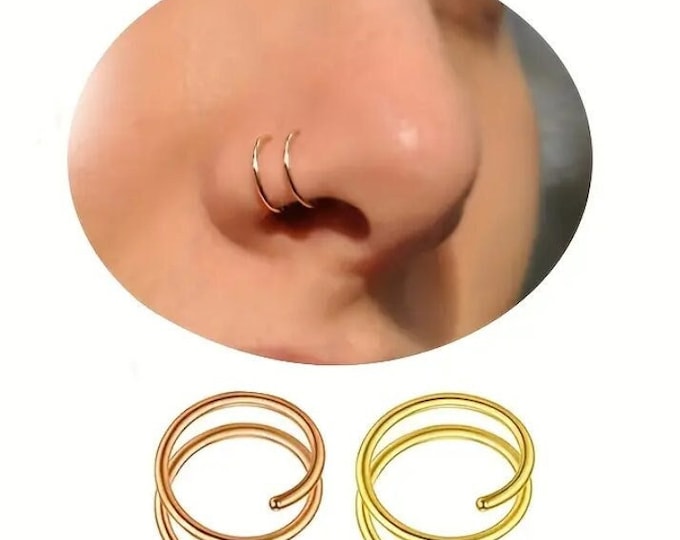 14K Solid Gold , Double Row Nose Piercing 1 Hoop 20 GAUGE  For 1 Nose Piercing, Real Gold.