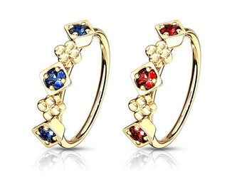 Pack of 2  , Lined CZ Set Squares and Flowers Bendable Nose, Cartilage Hoop Rings 20ga 8.00mm