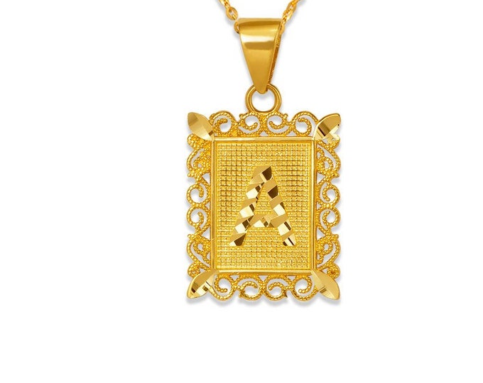 14K Solid Gold Small Initial Letter Framed Pendant Diamond Cut available in 26 different Letter .