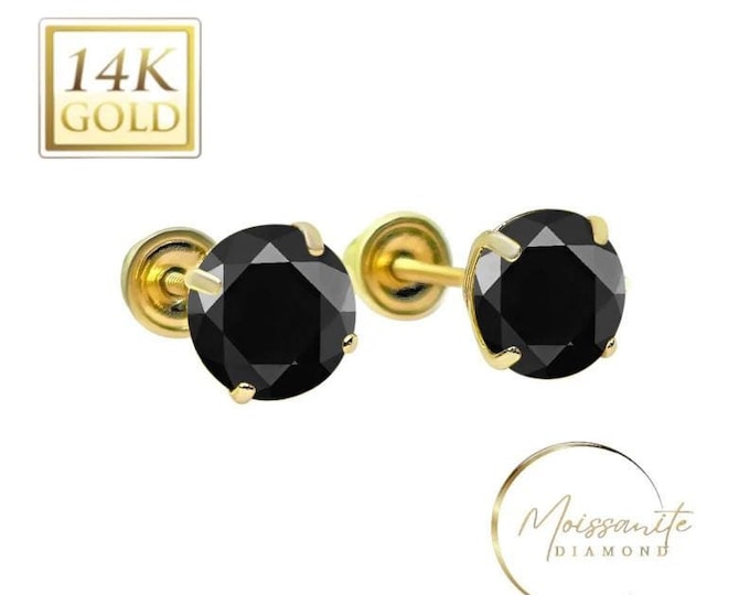 Black Moissanite 14K Real Yellow Gold Light Weight Gold sold in 1 Pair Round Solitaire Moissanite  Earrings stud.
