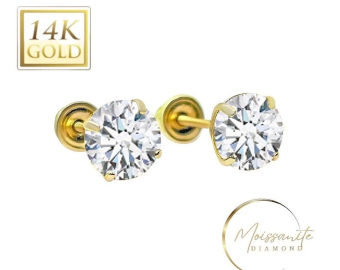 Moissanite 14K Real Yellow Gold Light Weight Gold sold in 1 Pair Round Solitaire Moissanite  Earrings stud.