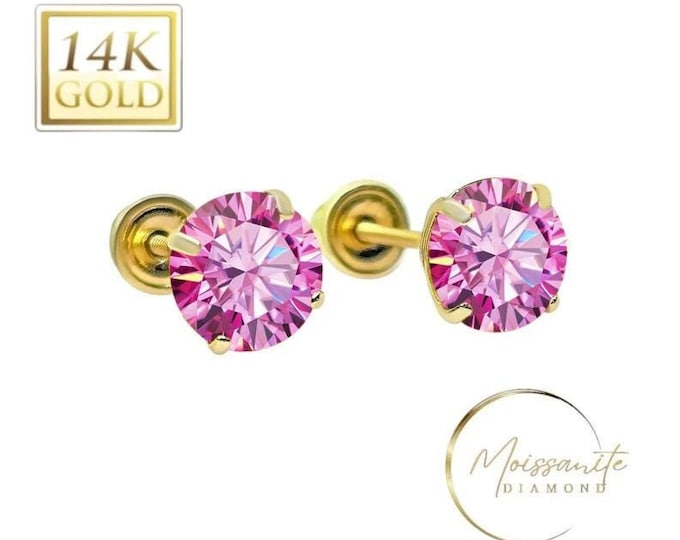 Pink Moissanite 14K Real Yellow Gold Light Weight Gold sold in 1 Pair Round Solitaire Moissanite  Earrings stud.