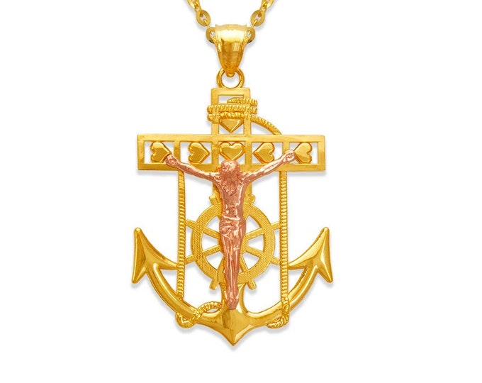 14K Solid Yellow Gold Jesus Anchor Pendant Men's Women's Charm Religious Christian Pendant Available in 2 colors