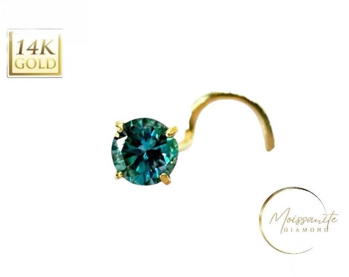Blue Cyan Moissanite 14K Gold Nose Ring  Bue Cyan Bright Shinny VVS1 Quality Pass Diamond Test 2.00mm - 5.00 mm