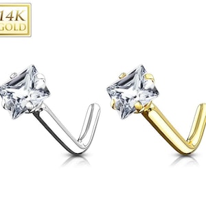 Princess Cut 14K Solid Gold , Nose Stud, Diamond Nose Stud, Moissanite , CZ , Nose Stud 20 GA 2.00mm-3.50mm Nose Stud .