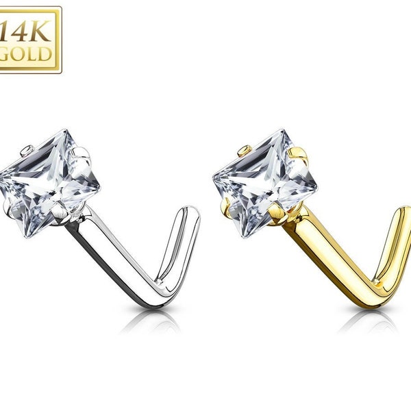 Princess Cut 14K Solid Gold , Nose Stud, Diamond Nose Stud, Moissanite , CZ , Nose Stud 20 GA 2.00mm-3.50mm Nose Stud .