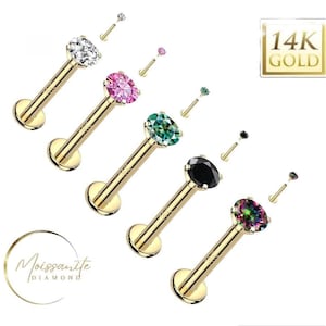 3mm Moissanite 14K Gold Internally Threaded Labret, Flat Back Stud With Prong Set Sold 1 piece 16GA , Lip, Cartiladge, Nose Stud, Tragus.