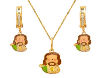 Enamel 14K Gold SET Huggies 8mm earring and Pendant Necklace Solid Gold For kids Baby Jewelry New Set Enamel .