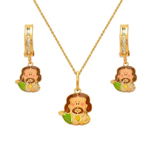 Enamel 14K Gold SET Huggies 8mm earring and Pendant Necklace Solid Gold For kids Baby Jewelry New Set Enamel .