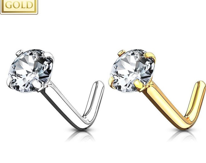 14K Solid Gold , L-Shaped Nose Stud, Diamond Nose Stud, Moissanite , Lab Diamond, Nose Stud 20 GA 1.50mm-3.50mm Gemstone Nose Piercing.