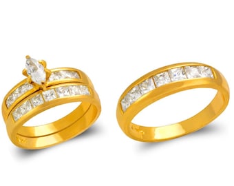 14K Solid Gold Trio Wedding Ring Wedding Promise Engagement  Men's Women's Bridal Rings Anniversary Band Couple Rings His and Hers.