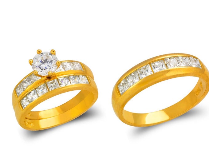 14K Solid Gold Trio Wedding Ring Wedding Promise Engagement  Men's Women's Bridal Rings Anniversary Band Couple Rings His and Hers.