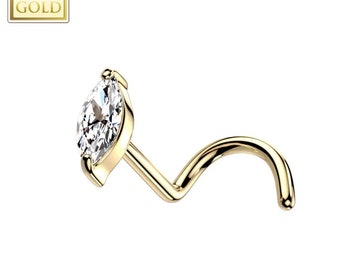 Moissanite Marquise 14K Gold Twisted Crock Screw 20 Gauge Moissanite Pass Diamond Tester 2x4mm.