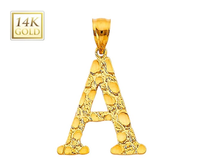 14K Gold , Real Genuine Gold , Nugget Style Pendant Size of Quarter 25MM Sold 1 Piece, Real Gold not plated, A - Z available.