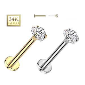 Heart 14K Gold Threadless Push-in Labret 18 GAUGE, Flat Back Studs With Prong Set CZ or Moissanite Top for Cartilage, Monroe, Nose Stud