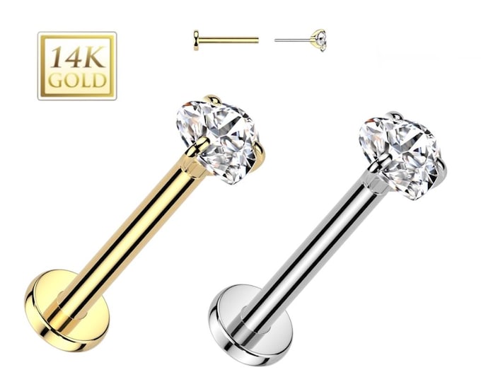 Heart 14K Gold Threadless Push-in Labret 18 GAUGE, Flat Back Studs With Prong Set CZ or Moissanite Top for Cartilage, Monroe, Nose Stud