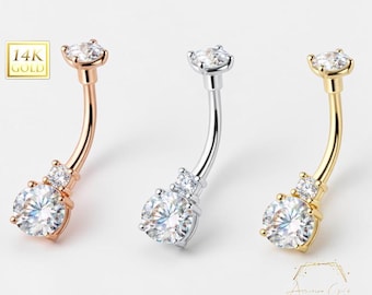 14K Gold Double Gemstone Shape CZ Prong Set Navel Belly Button Ring  14 Gauge post length 3/8"  10.00MM