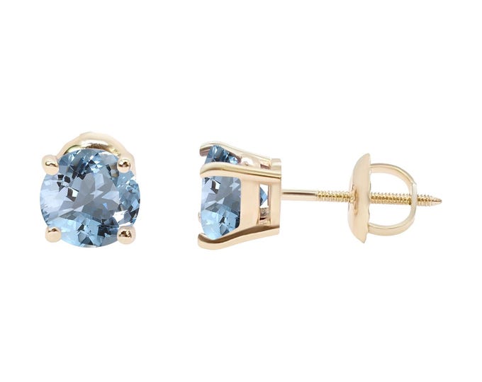Aquamarine 14K Real Yellow Gold Heavier Weight Gold sold in 1 Pair Round Solitaire Aquamarine March Birthstone  Earrings stud.