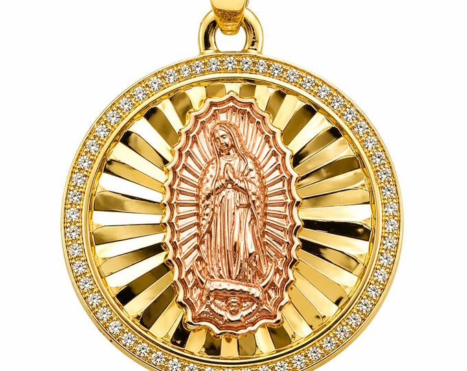 14K Rose Gold Round Guadalupe CZ Pendant available in 3 sizes Religious Pendant Real Gold.